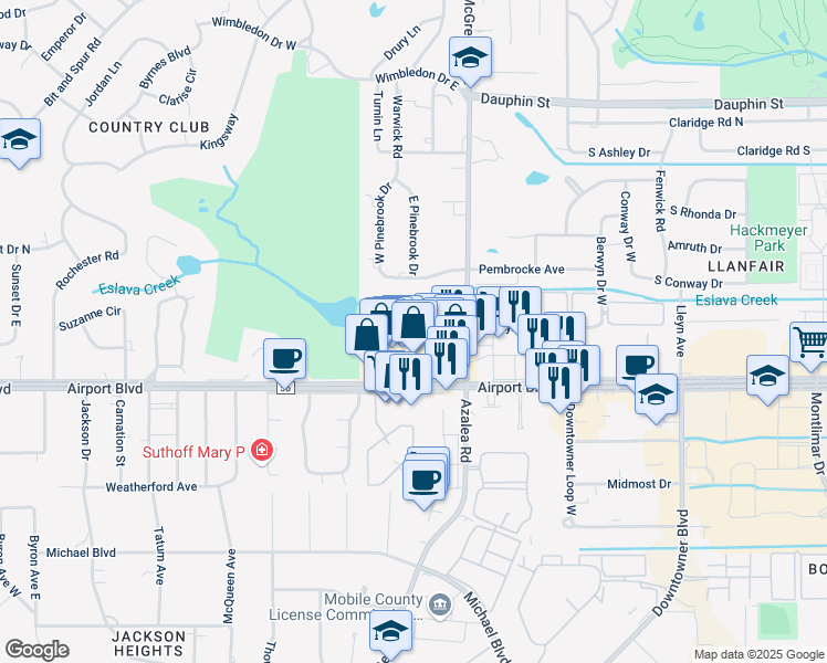 map of restaurants, bars, coffee shops, grocery stores, and more near 3973 Wimbledon Park in Mobile