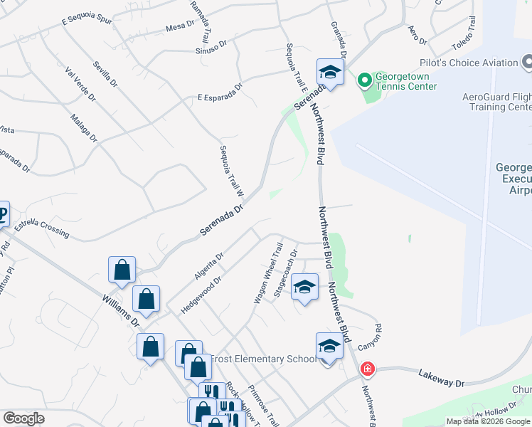 map of restaurants, bars, coffee shops, grocery stores, and more near 715 Algerita Drive in Georgetown