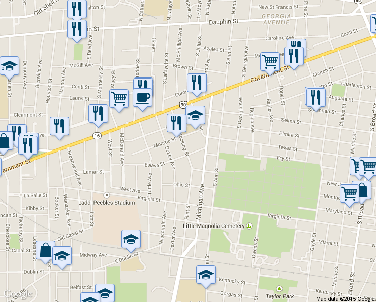 map of restaurants, bars, coffee shops, grocery stores, and more near 1416 Eslava Street in Mobile