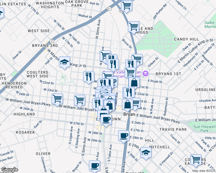 map of restaurants, bars, coffee shops, grocery stores, and more near 500 North Main Street in Bryan