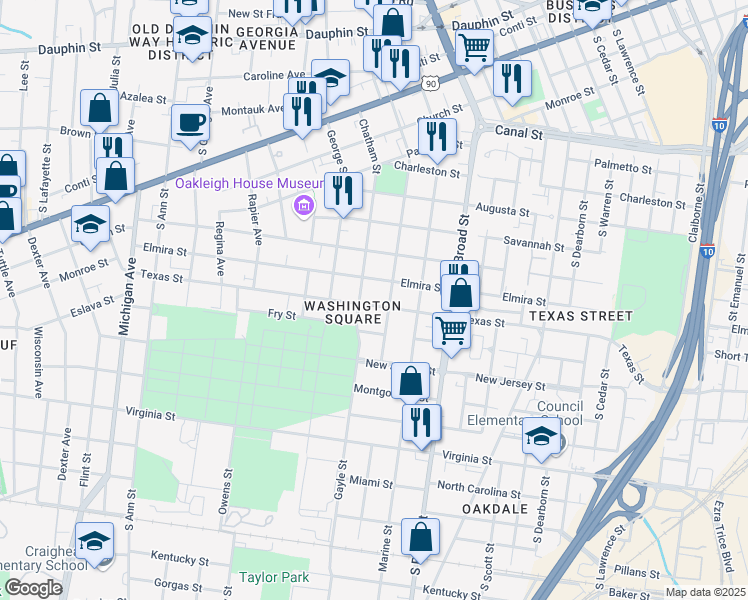 map of restaurants, bars, coffee shops, grocery stores, and more near 1006 Texas Street in Mobile