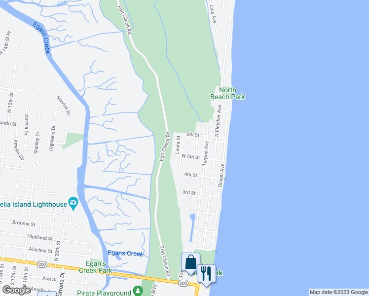 map of restaurants, bars, coffee shops, grocery stores, and more near 835 Ellen Street in Fernandina Beach