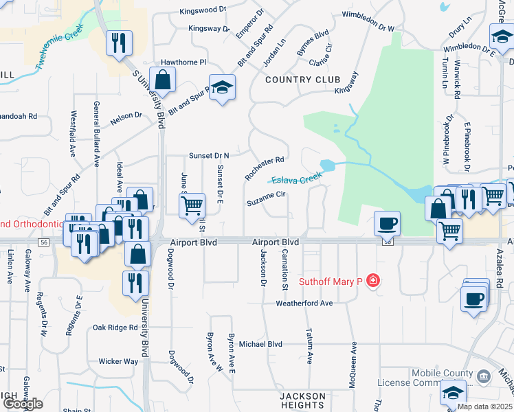 map of restaurants, bars, coffee shops, grocery stores, and more near 4457 Suzanne Circle in Mobile