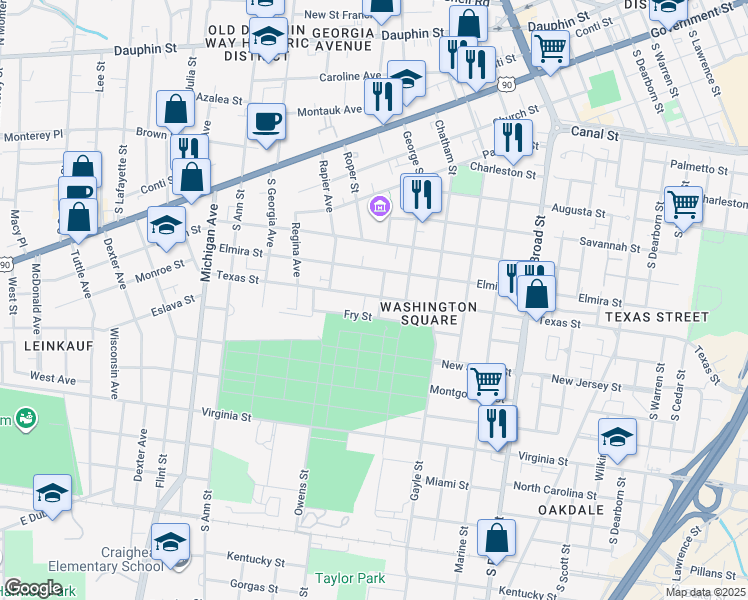 map of restaurants, bars, coffee shops, grocery stores, and more near 1151 Texas Street in Mobile