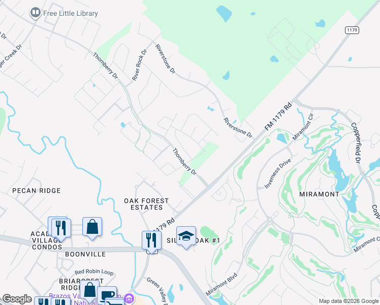 map of restaurants, bars, coffee shops, grocery stores, and more near 3557 Foxcroft Path in Bryan