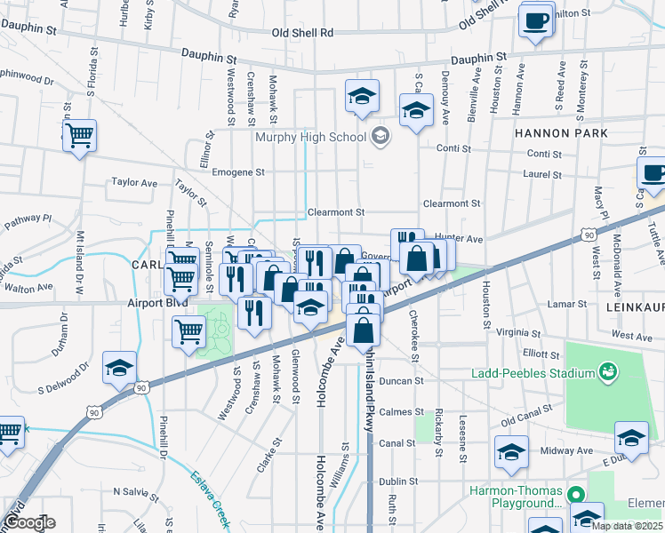 map of restaurants, bars, coffee shops, grocery stores, and more near 256 Williams Street in Mobile