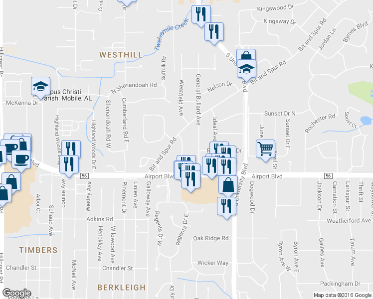 map of restaurants, bars, coffee shops, grocery stores, and more near 167 Bit and Spur Terrace in Mobile
