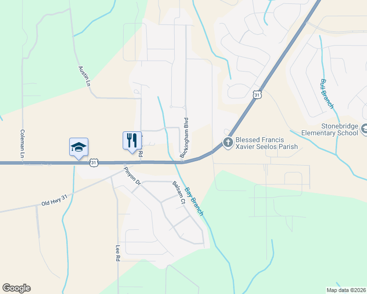 map of restaurants, bars, coffee shops, grocery stores, and more near 31103 Buckingham Boulevard in Spanish Fort