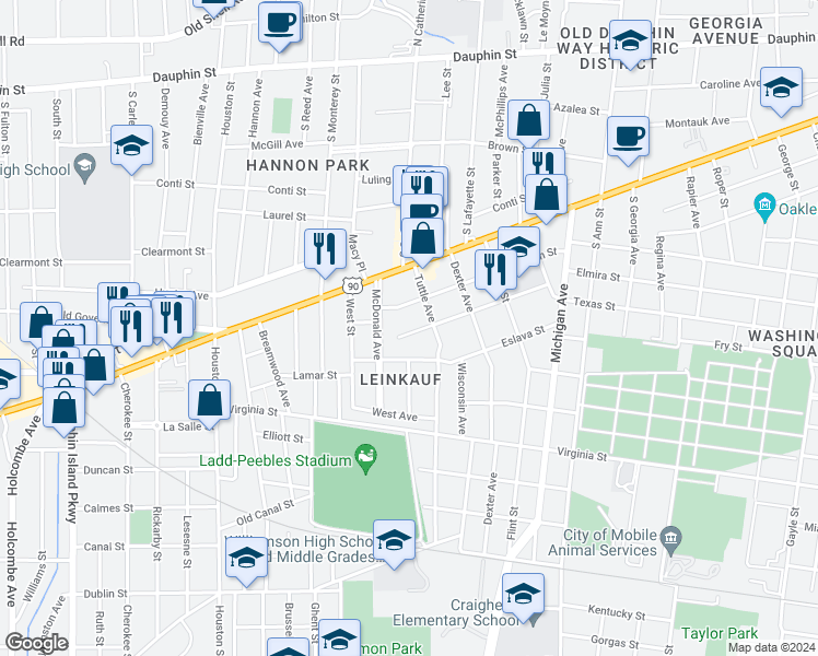 map of restaurants, bars, coffee shops, grocery stores, and more near 1560 Monroe Street in Mobile