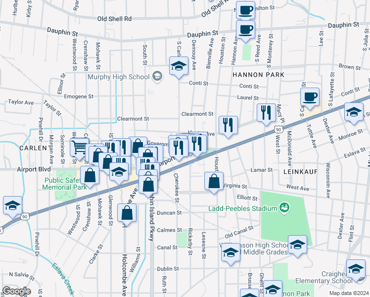map of restaurants, bars, coffee shops, grocery stores, and more near 1861 Old Government Street in Mobile