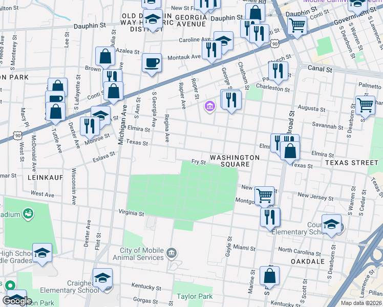 map of restaurants, bars, coffee shops, grocery stores, and more near 1175 Texas Street in Mobile