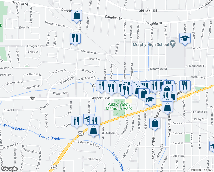 map of restaurants, bars, coffee shops, grocery stores, and more near 257 Pinehill Drive in Mobile