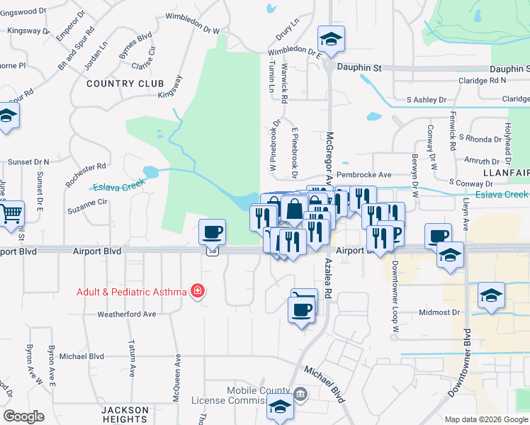 map of restaurants, bars, coffee shops, grocery stores, and more near 212 Wimbledon Park in Mobile