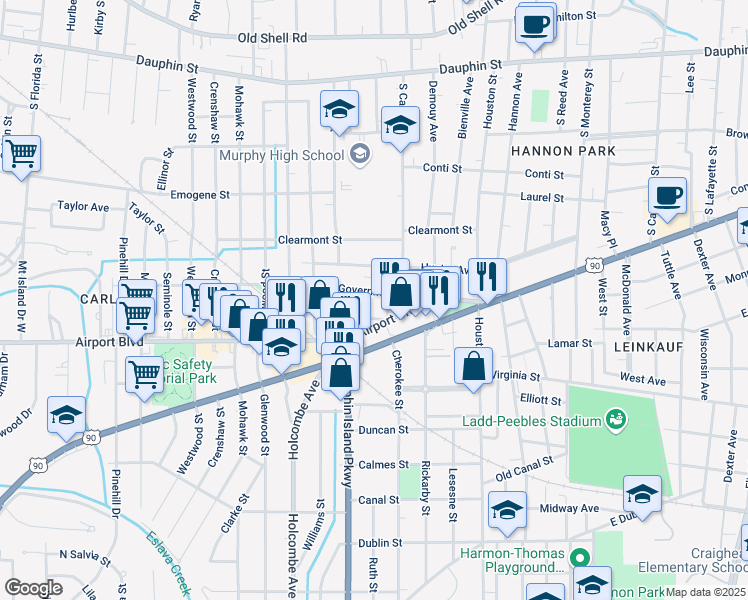 map of restaurants, bars, coffee shops, grocery stores, and more near 1907 Old Government Street in Mobile