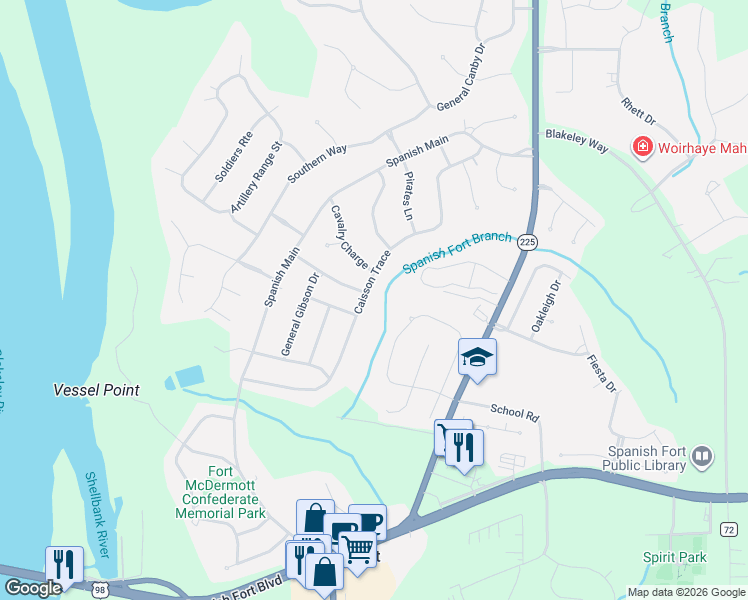 map of restaurants, bars, coffee shops, grocery stores, and more near 54 Caisson Trace in Spanish Fort