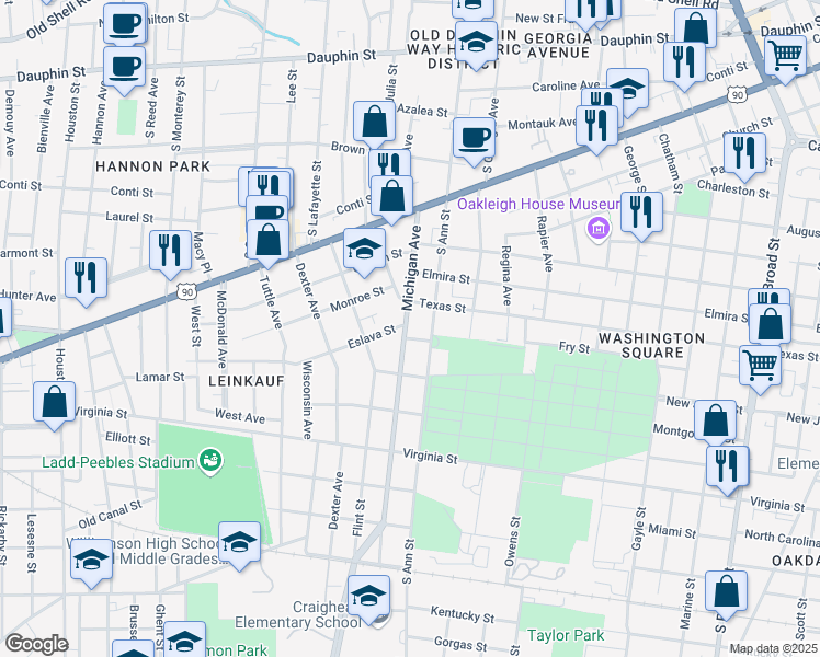 map of restaurants, bars, coffee shops, grocery stores, and more near 313 Michigan Ave in Mobile
