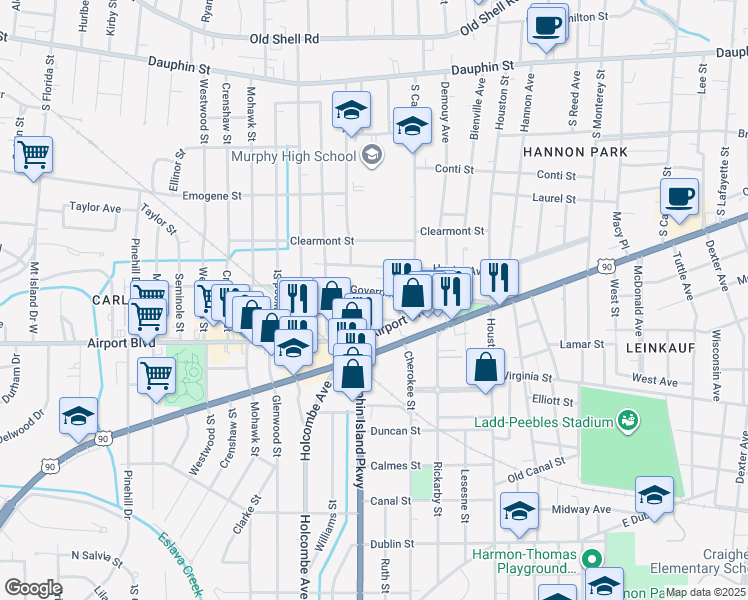 map of restaurants, bars, coffee shops, grocery stores, and more near 1907 Old Government Street in Mobile