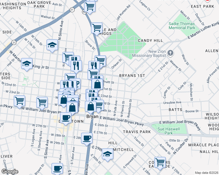 map of restaurants, bars, coffee shops, grocery stores, and more near 508 East 21st Street in Bryan