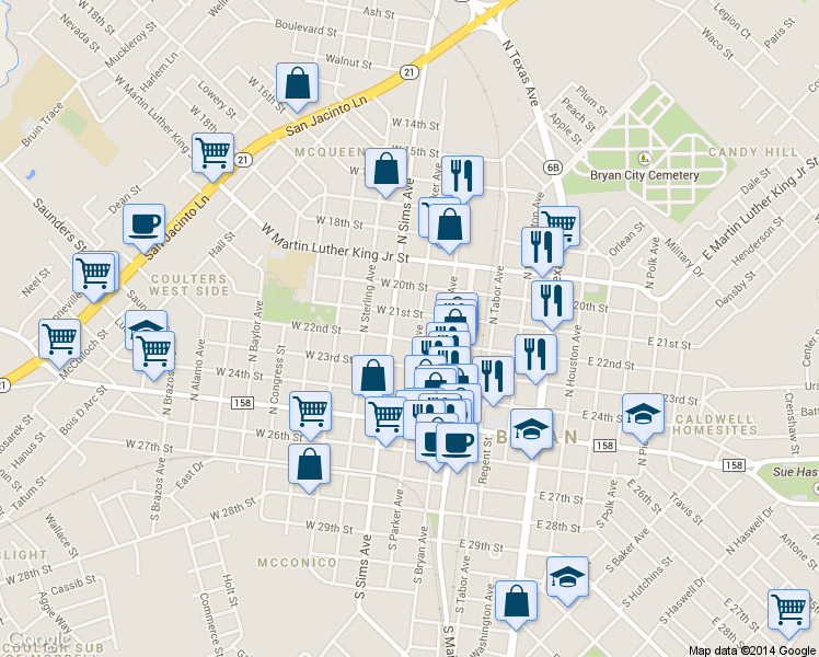 map of restaurants, bars, coffee shops, grocery stores, and more near 504 N Parker Ave in Bryan