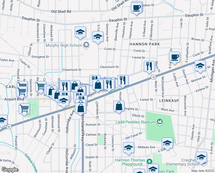 map of restaurants, bars, coffee shops, grocery stores, and more near 1806 Airport Boulevard in Mobile