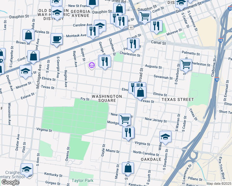 map of restaurants, bars, coffee shops, grocery stores, and more near 1006 Texas Street in Mobile