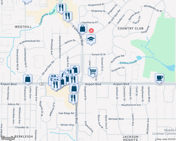 map of restaurants, bars, coffee shops, grocery stores, and more near 184 June St in Mobile