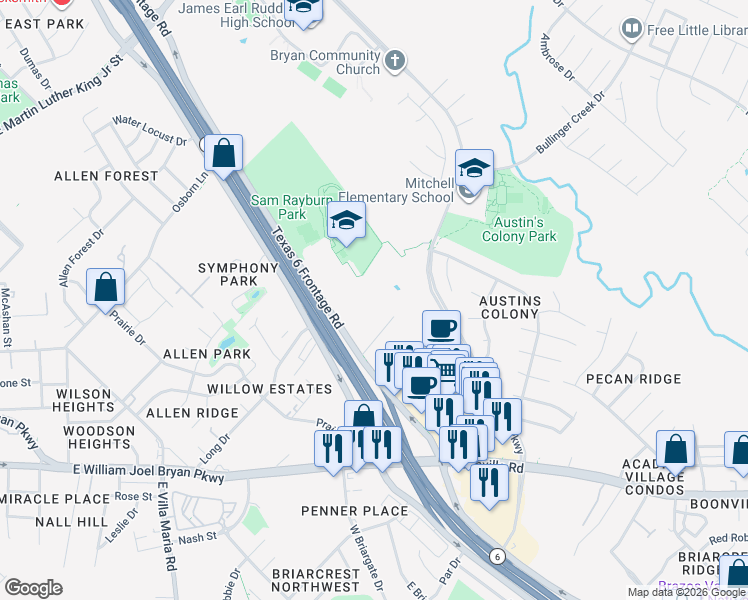 map of restaurants, bars, coffee shops, grocery stores, and more near 2477 Austins Colony Parkway in Bryan