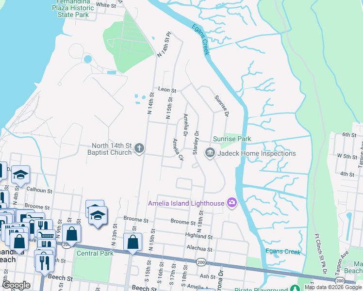 map of restaurants, bars, coffee shops, grocery stores, and more near 709 Amelia Drive in Fernandina Beach