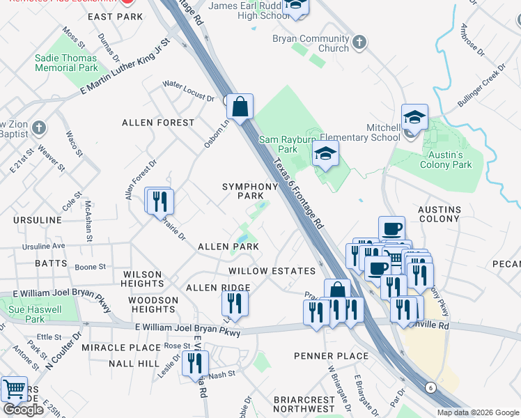 map of restaurants, bars, coffee shops, grocery stores, and more near 2530 Rhapsody Court in Bryan