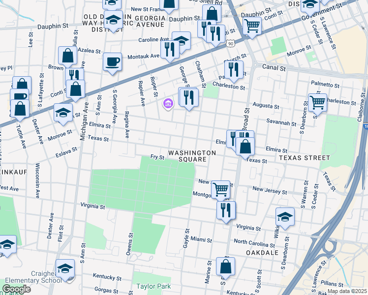 map of restaurants, bars, coffee shops, grocery stores, and more near 461 George Street in Mobile