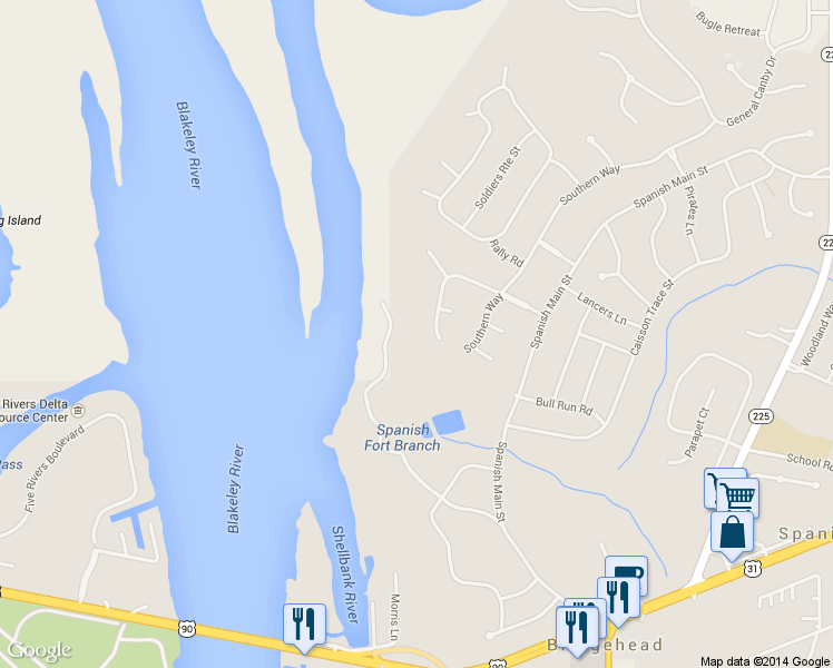 map of restaurants, bars, coffee shops, grocery stores, and more near 35 Signal Hill Road in Spanish Fort