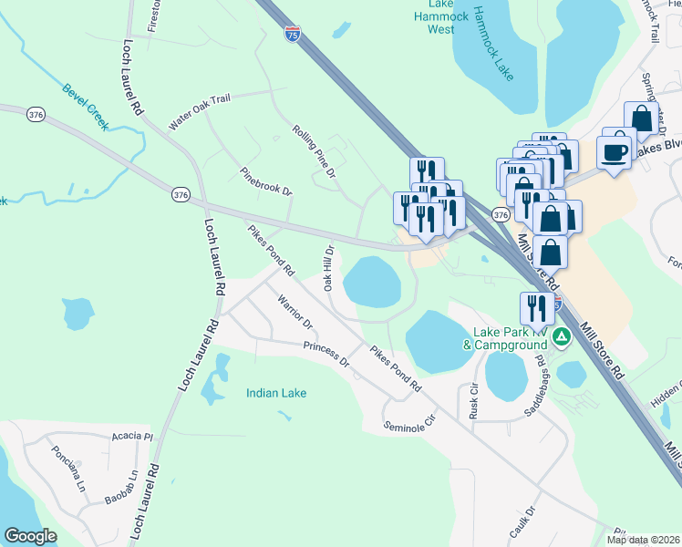 map of restaurants, bars, coffee shops, grocery stores, and more near 4909 Oak Hill Drive in Lake Park