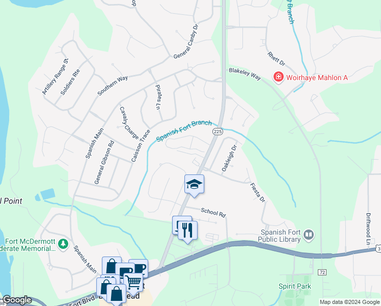 map of restaurants, bars, coffee shops, grocery stores, and more near 31065 Alabama 225 in Spanish Fort