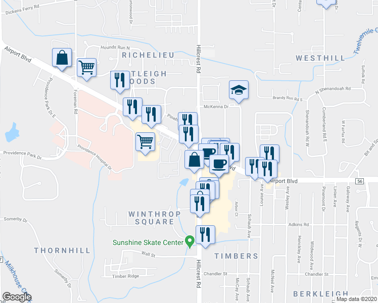 map of restaurants, bars, coffee shops, grocery stores, and more near 710 Hillcrest Road in Mobile