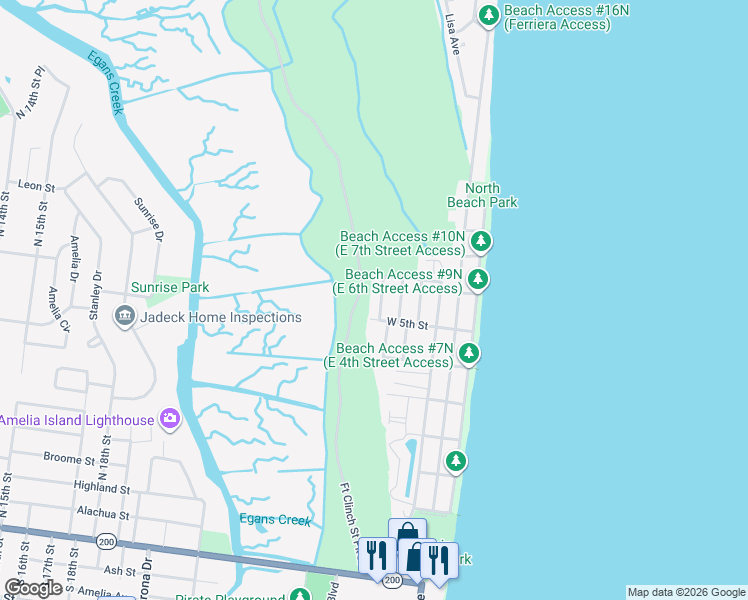 map of restaurants, bars, coffee shops, grocery stores, and more near 835 Laura Street in Fernandina Beach