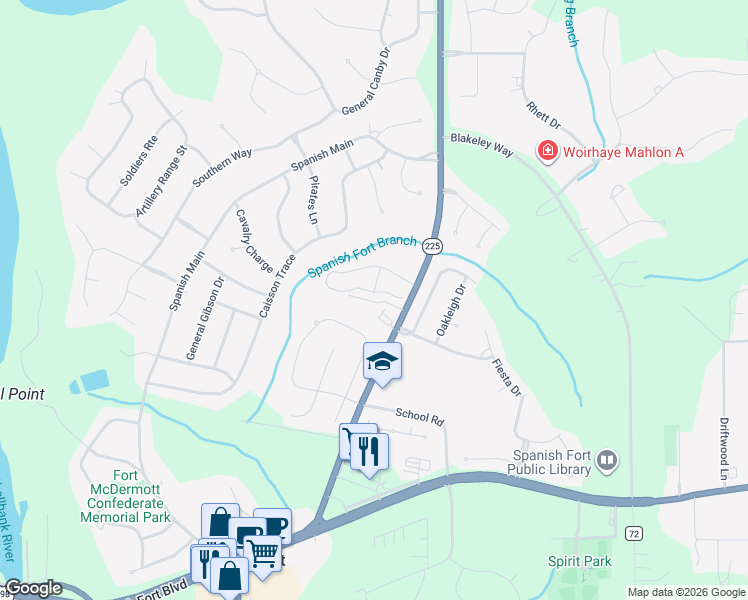 map of restaurants, bars, coffee shops, grocery stores, and more near 31065 Alabama 225 in Spanish Fort