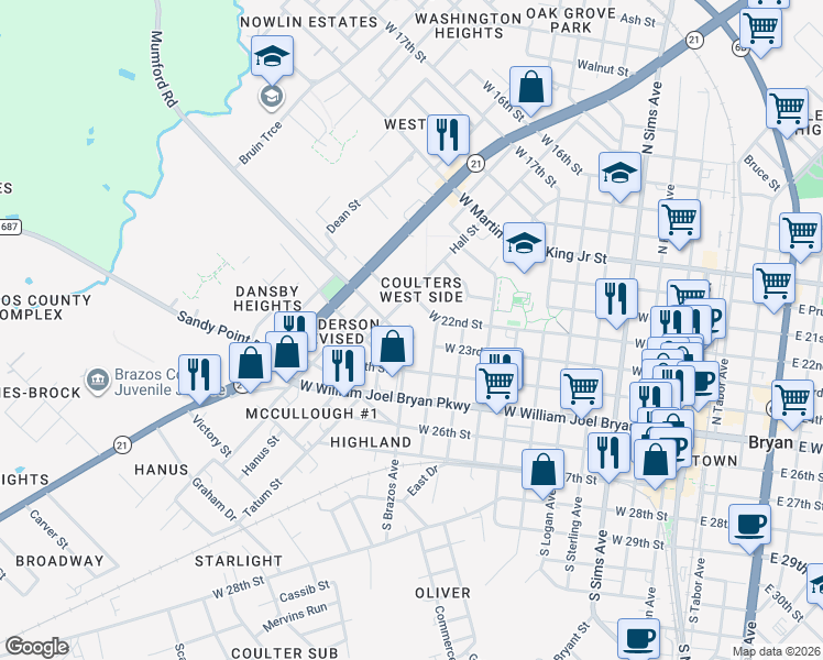 map of restaurants, bars, coffee shops, grocery stores, and more near 1200 Saunders St in Bryan