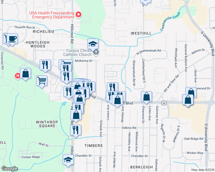 map of restaurants, bars, coffee shops, grocery stores, and more near 7 Highland Woods Drive West in Mobile