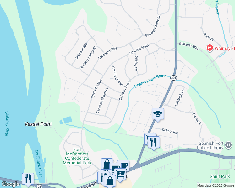 map of restaurants, bars, coffee shops, grocery stores, and more near 123 Brigade Road in Spanish Fort