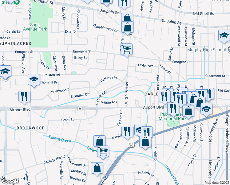 map of restaurants, bars, coffee shops, grocery stores, and more near 2656 Pathway Place in Mobile