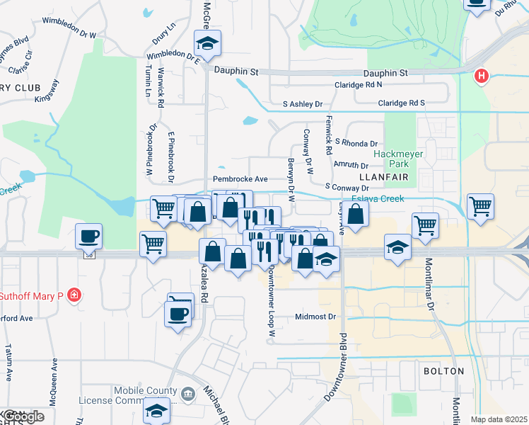 map of restaurants, bars, coffee shops, grocery stores, and more near 3917 Berwyn Drive South in Mobile