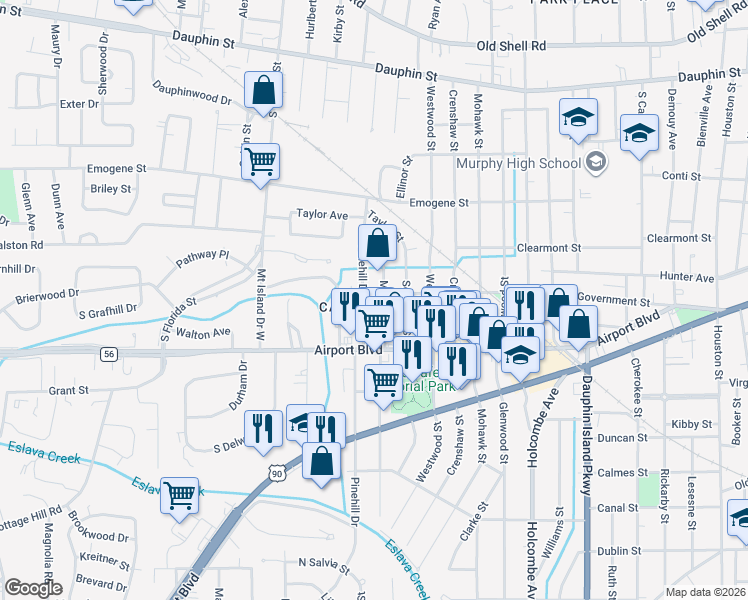 map of restaurants, bars, coffee shops, grocery stores, and more near 2355 Old Government Street in Mobile