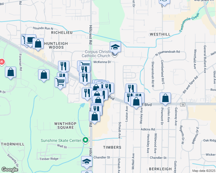 map of restaurants, bars, coffee shops, grocery stores, and more near 559 Hillview Road in Mobile