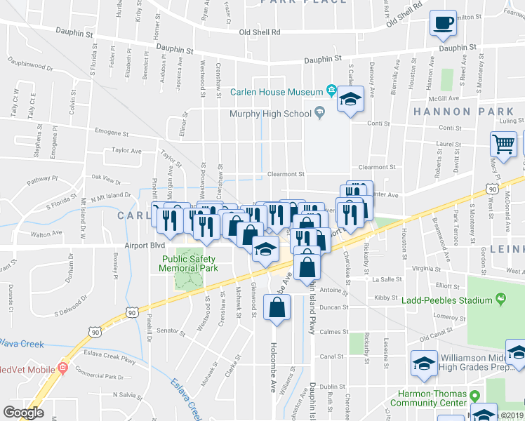 map of restaurants, bars, coffee shops, grocery stores, and more near 2055 Old Government Street in Mobile