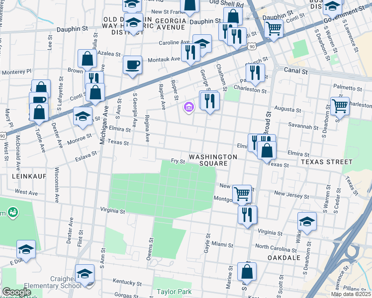 map of restaurants, bars, coffee shops, grocery stores, and more near 1151 Texas Street in Mobile