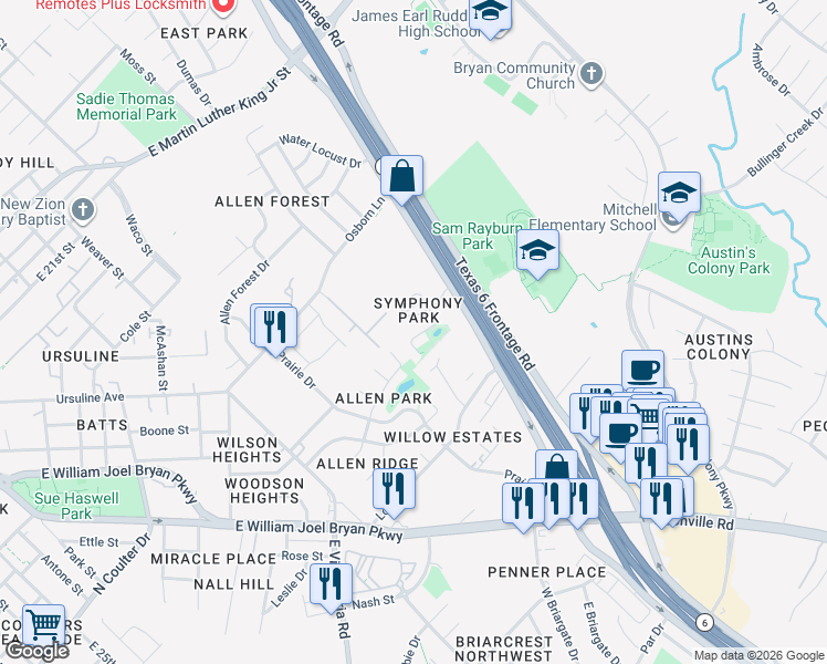 map of restaurants, bars, coffee shops, grocery stores, and more near 2530 Rhapsody Court in Bryan