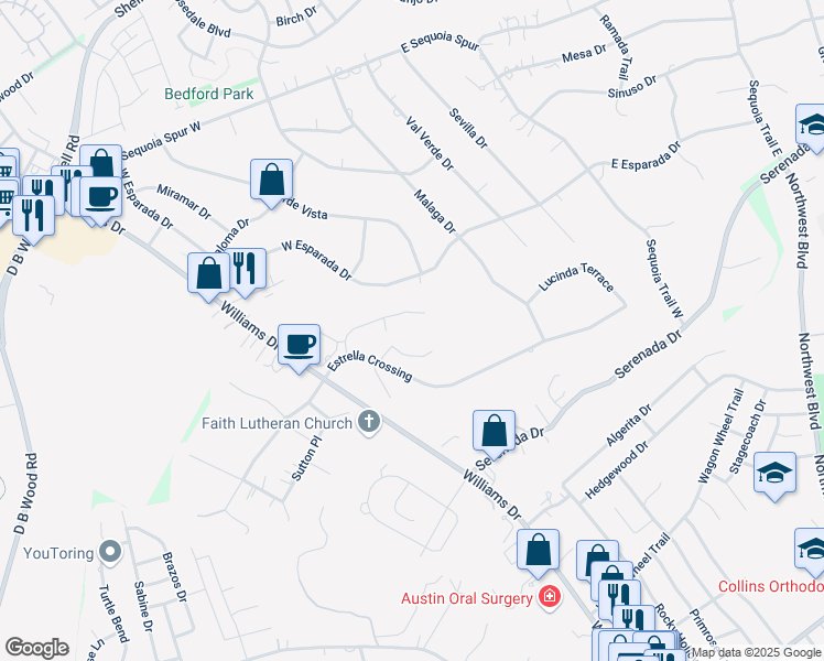 map of restaurants, bars, coffee shops, grocery stores, and more near 139 Estrella Crossing in Georgetown