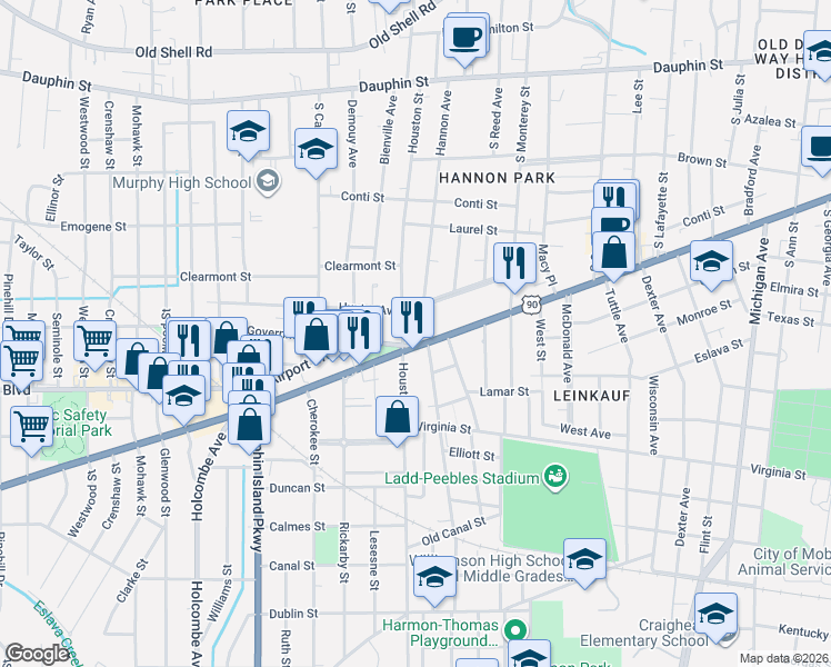 map of restaurants, bars, coffee shops, grocery stores, and more near 203-223 Houston Street in Mobile