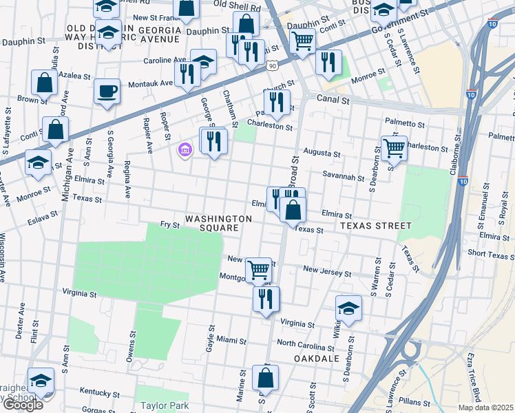 map of restaurants, bars, coffee shops, grocery stores, and more near 955 Elmira Street in Mobile