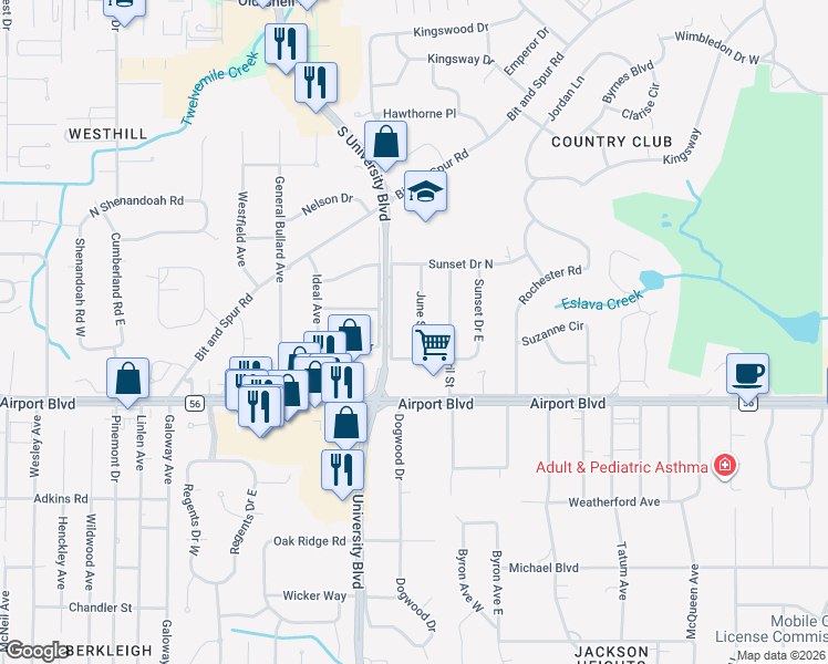 map of restaurants, bars, coffee shops, grocery stores, and more near 180 June Street in Mobile